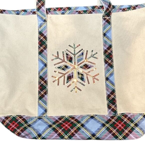 Lands End Canvas Tote Bag Snowflake Plaid Holiday Sequin Christmas Cotton - Picture 2 of 14